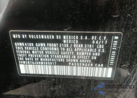 2017 Volkswagen Jetta 1.4T S из США, поврежденный, VIN 3VW2B7AJ9HM369917